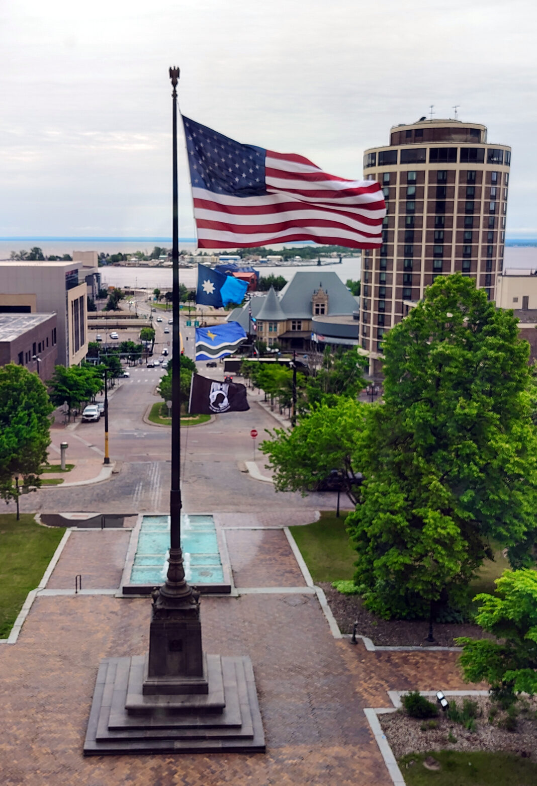 Duluth Civic Center flagpole, June 13, 2025. Credit: John Ramos