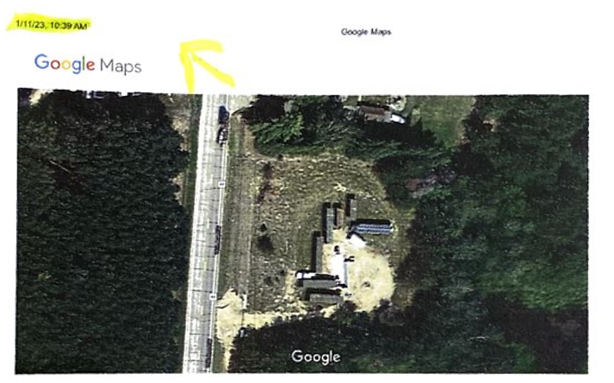 With time/date marked by Cane, he contends Cass County officials downloaded Google Earth images of the container location a day after he threw a county appraiser off the property. (Photo courtesy of Cane)
