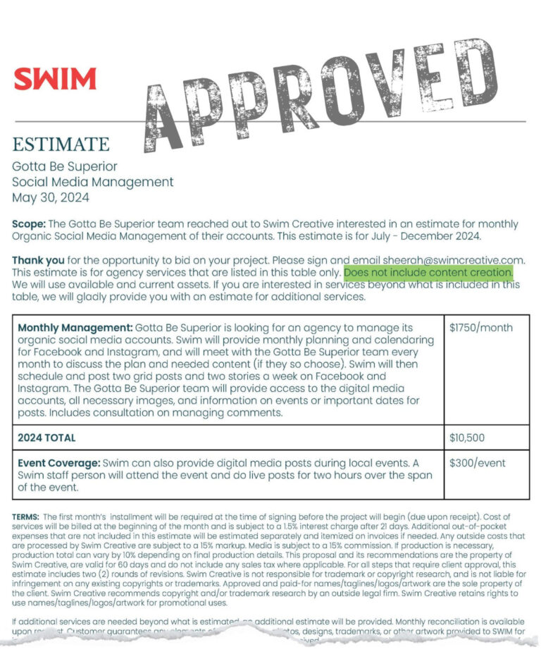 Swim Creative Service Agreement Estimate. Source: City of Superior Tourism Commission